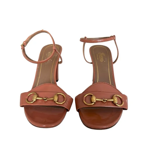 Gucci Horsebit Patent Leather Block Heel Sandals Brown Ankle Strap Size 38 US 8 - Picture 4 of 14